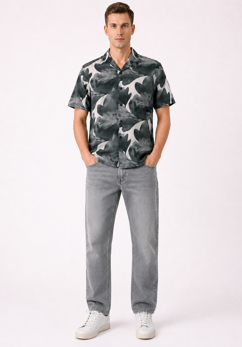 Charcoal Cuban Collar Print Shirt