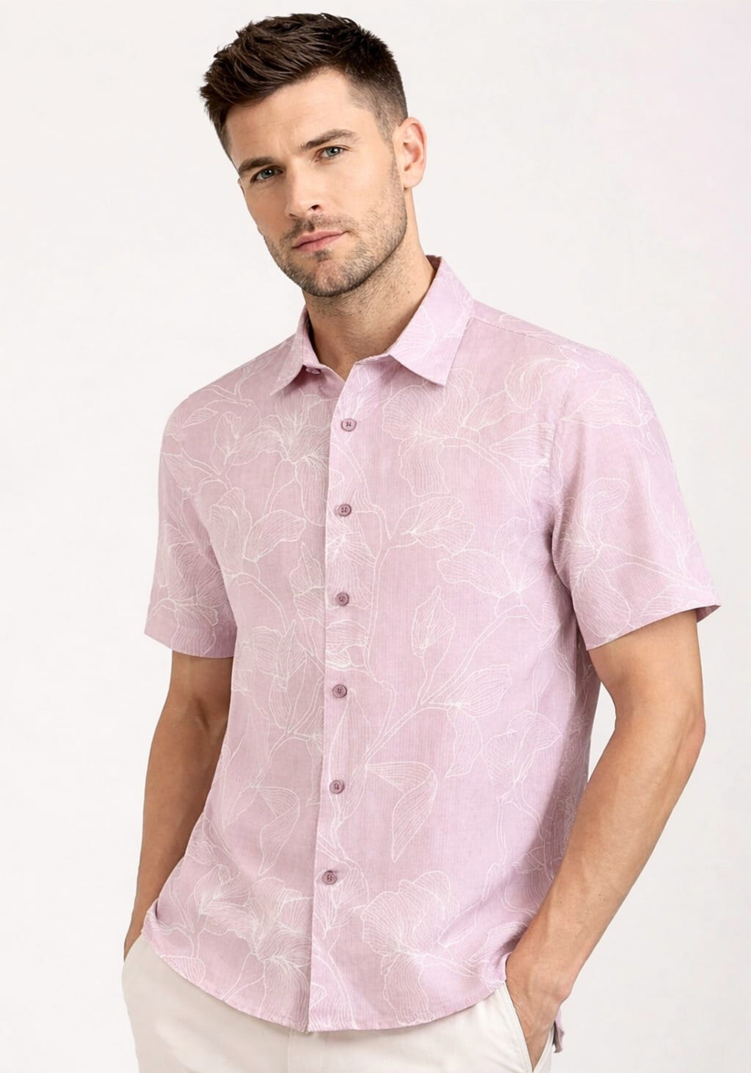 Linen Rich Dusty Pink Print Shirt