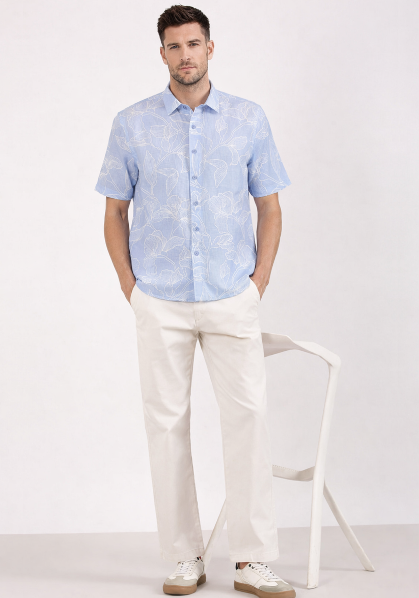 Linen Rich Sky Blue Print Shirt