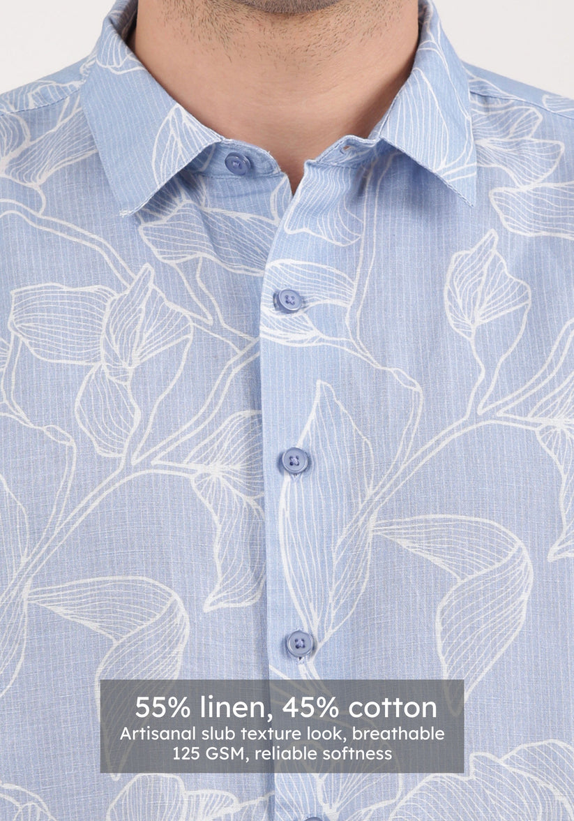 Linen Rich Sky Blue Print Shirt