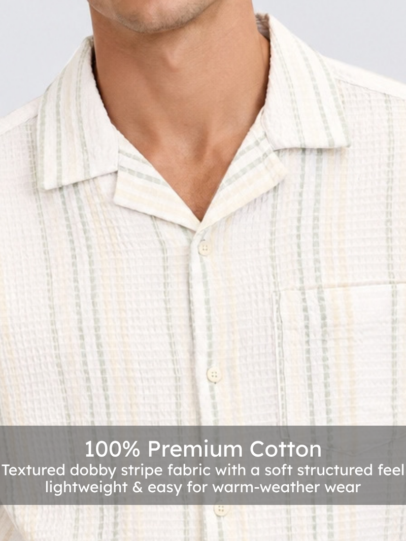 Ecru Vertical Stripe Camp Collar Shirt
