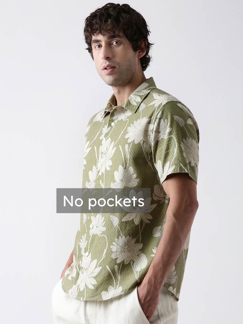 Regular Fit Green Floral Print Shirt