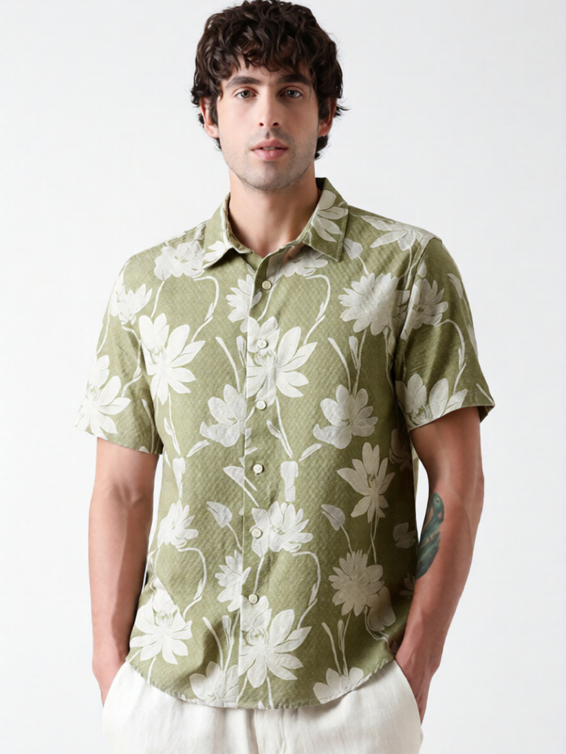 Regular Fit Green Floral Print Shirt