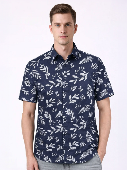 Navy Leaf Print Shirt