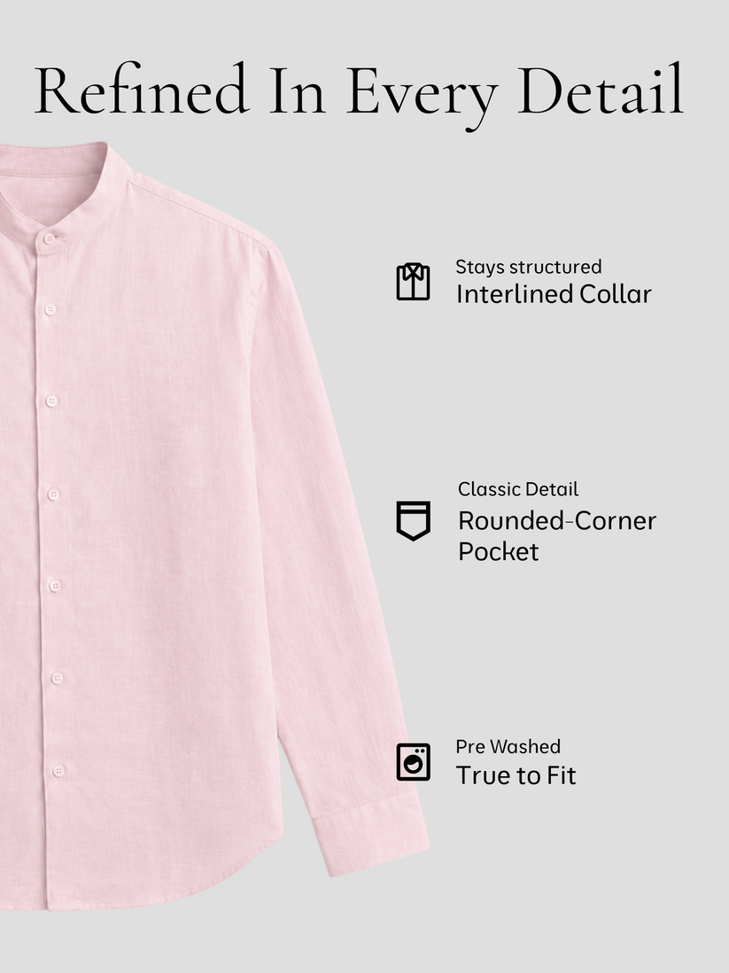 Pink Pure Linen Mandarin Collar Shirt