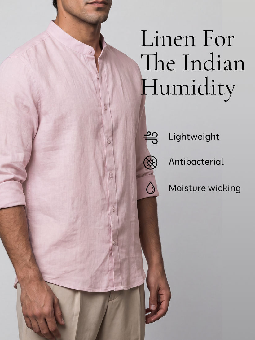 Pink Pure Linen Mandarin Collar Shirt