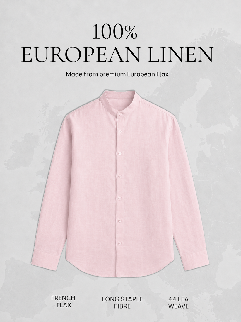 Pink Pure Linen Mandarin Collar Shirt
