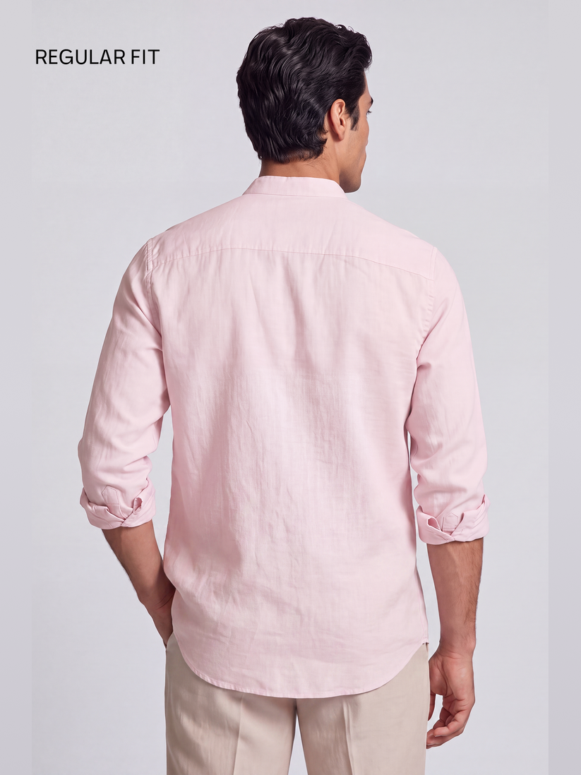 Pink Pure Linen Mandarin Collar Shirt