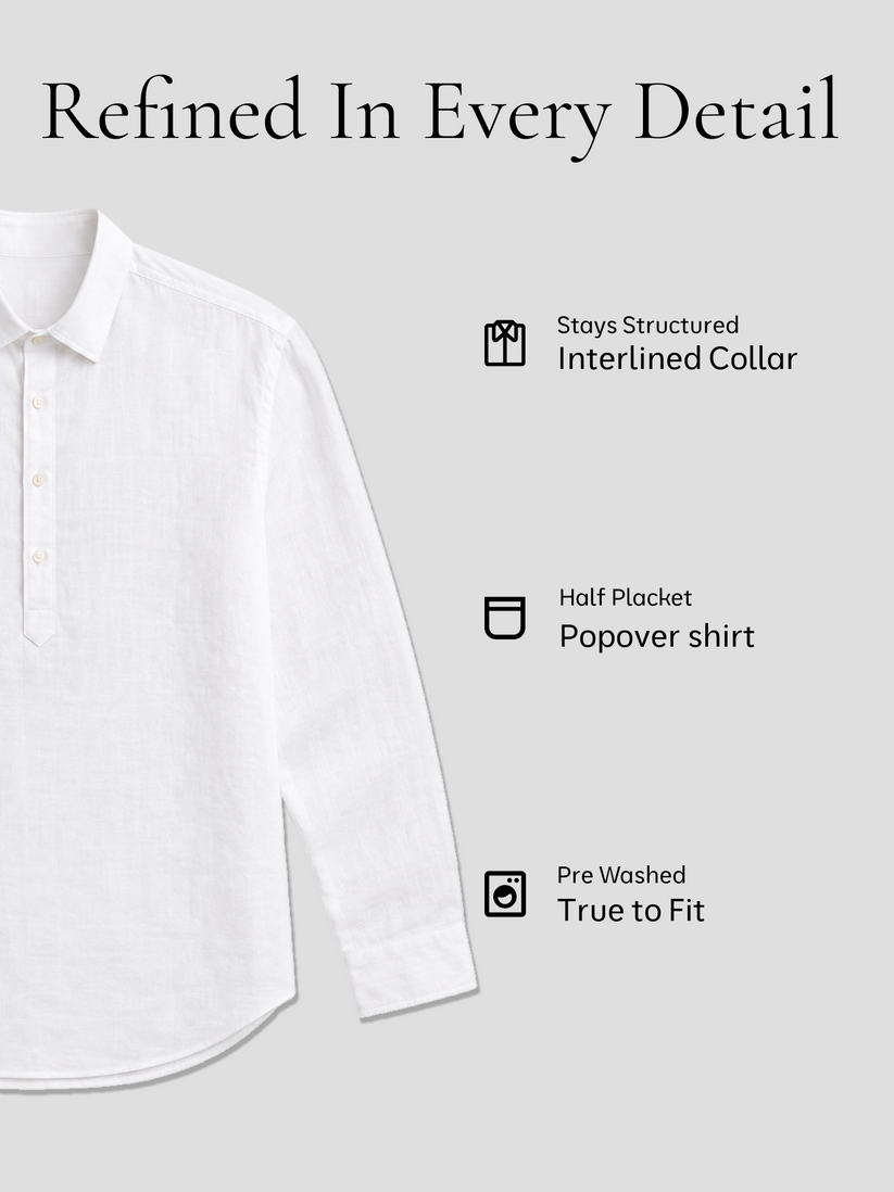White Pure Linen Popover Shirt