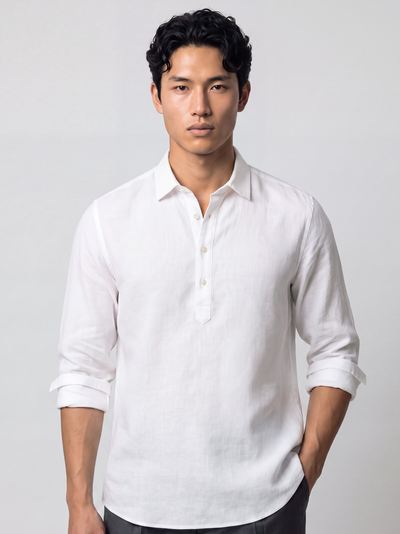 White Pure Linen Popover Shirt