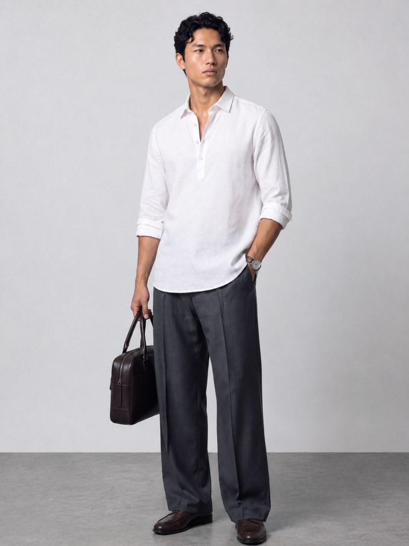 White Pure Linen Popover Shirt