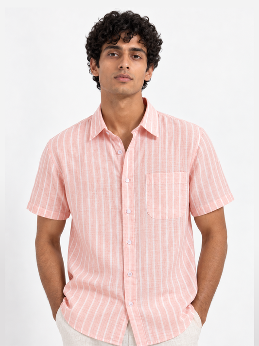 Linen Rich Pinstriped Coral Shirt