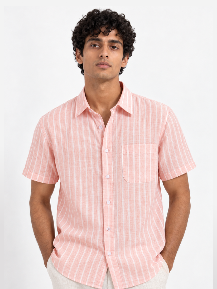 Linen Rich Pinstriped Coral Shirt