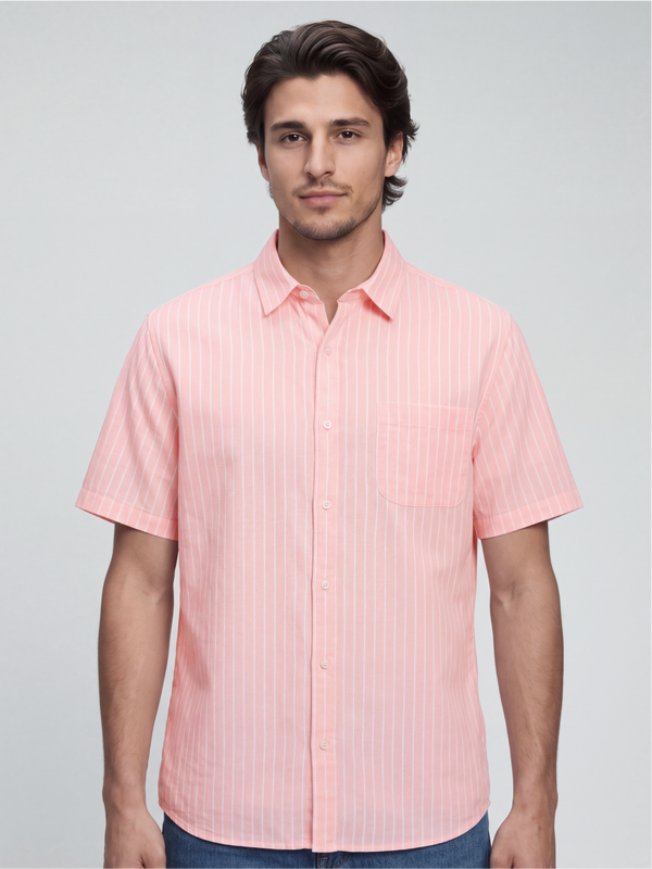Linen Rich Pinstriped Coral Shirt