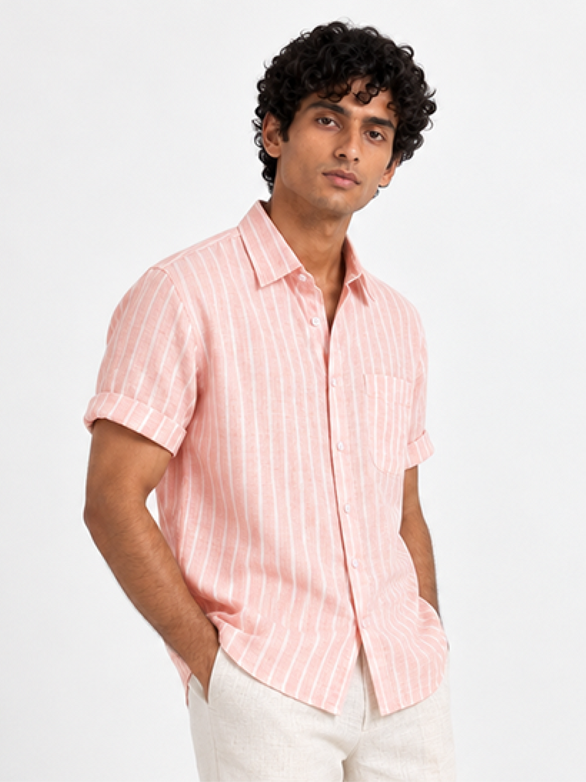 Linen Rich Pinstriped Coral Shirt