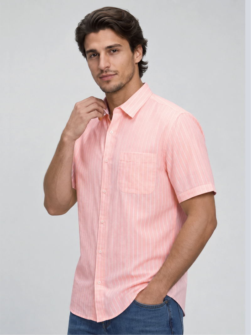 Linen Rich Pinstriped Coral Shirt