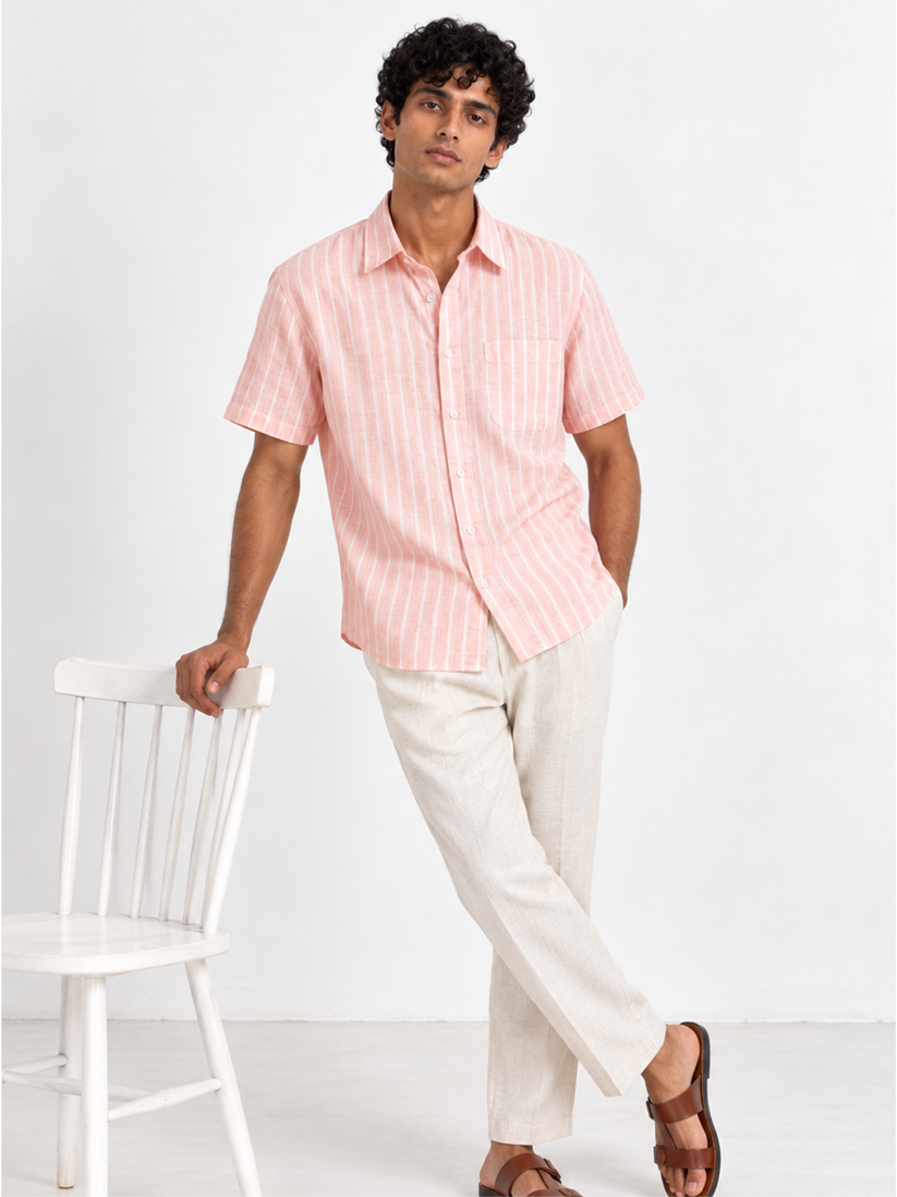 Linen Rich Pinstriped Coral Shirt