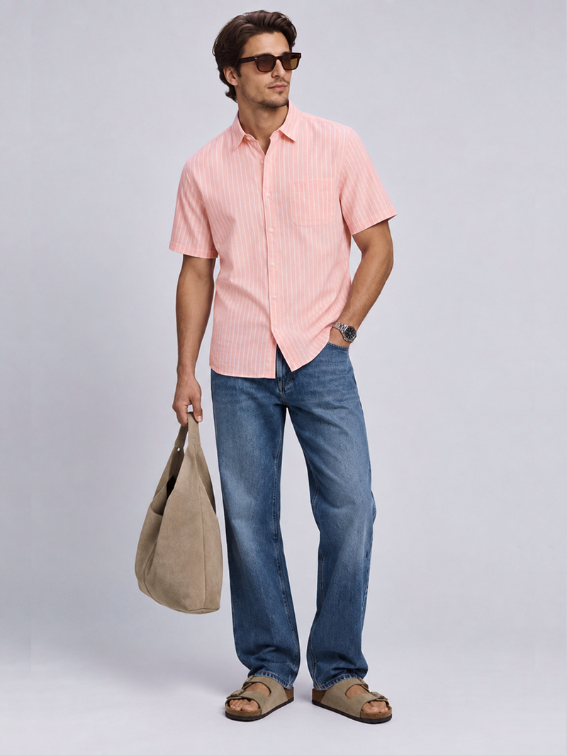 Linen Rich Pinstriped Coral Shirt