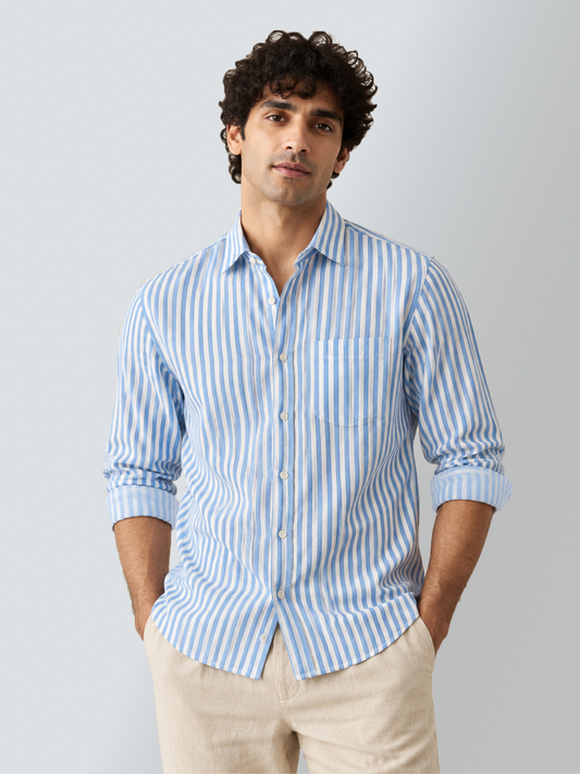 Linen Rich Striped Blue Shirt