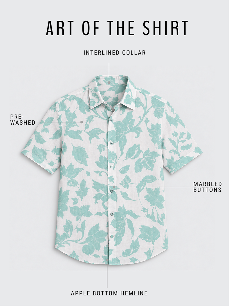 Linen Rich Teal Floral Camp Shirt