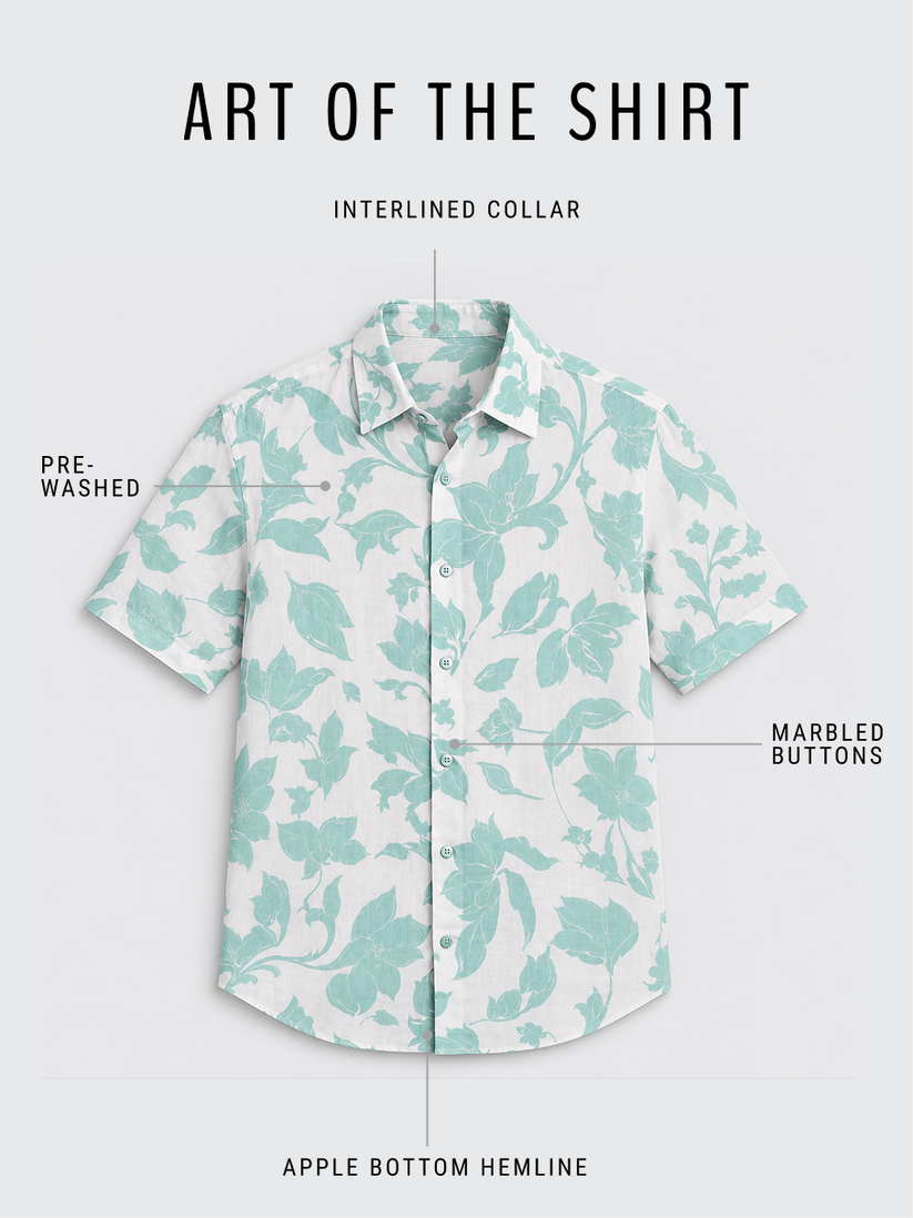 Linen Rich Teal Floral Camp Shirt
