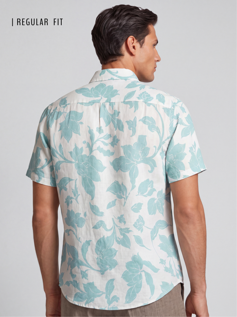 Linen Rich Teal Floral Camp Shirt