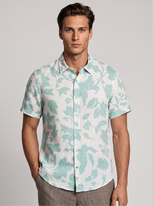 Linen Rich Teal Floral Camp Shirt