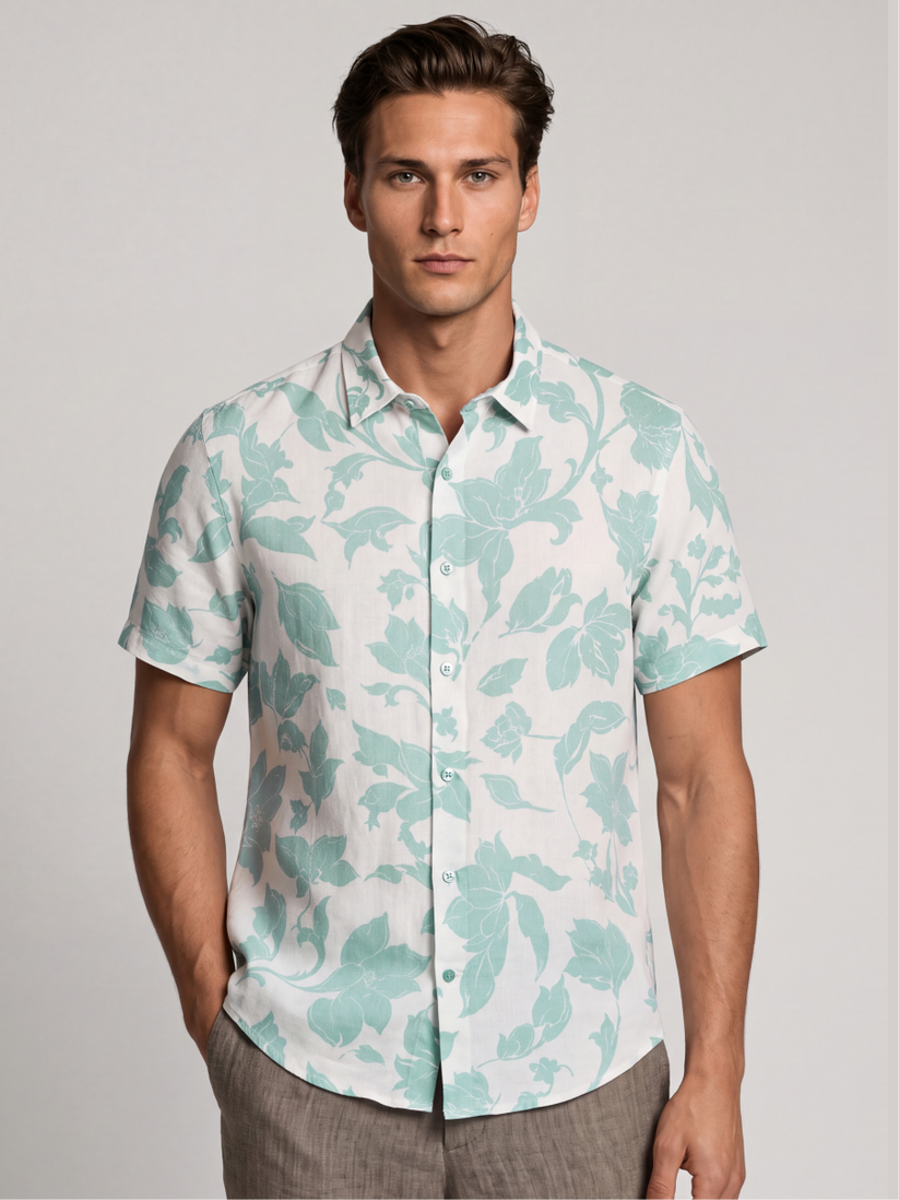 Linen Rich Teal Floral Camp Shirt