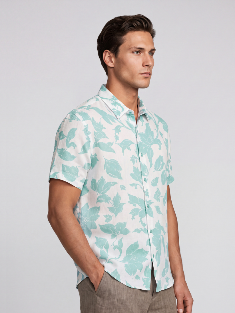 Linen Rich Teal Floral Camp Shirt