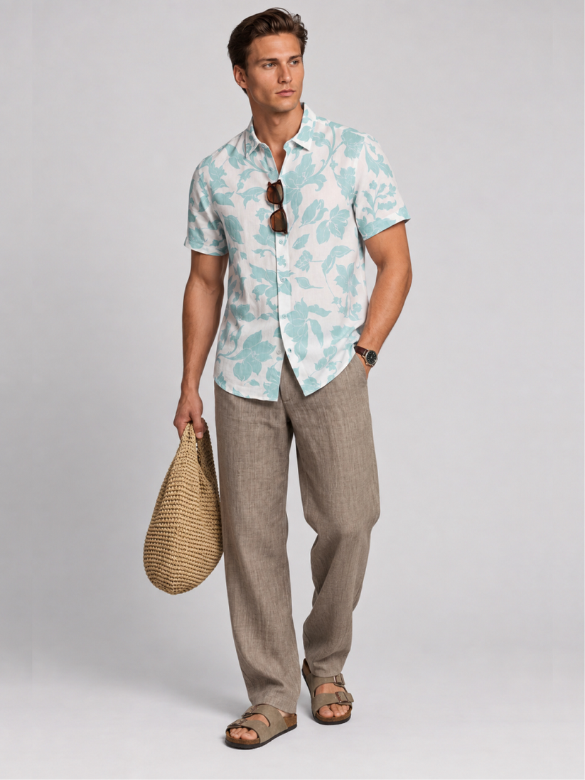 Linen Rich Teal Floral Camp Shirt