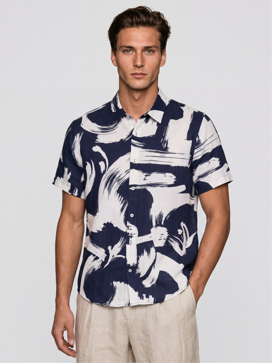 Linen Rich Navy Brushstroke Shirt