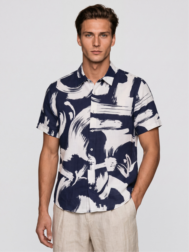 Linen Rich Navy Brushstroke Shirt