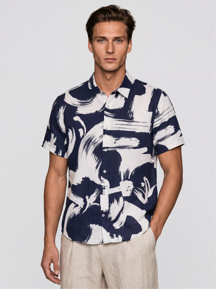 Linen Rich Navy Brushstroke Shirt