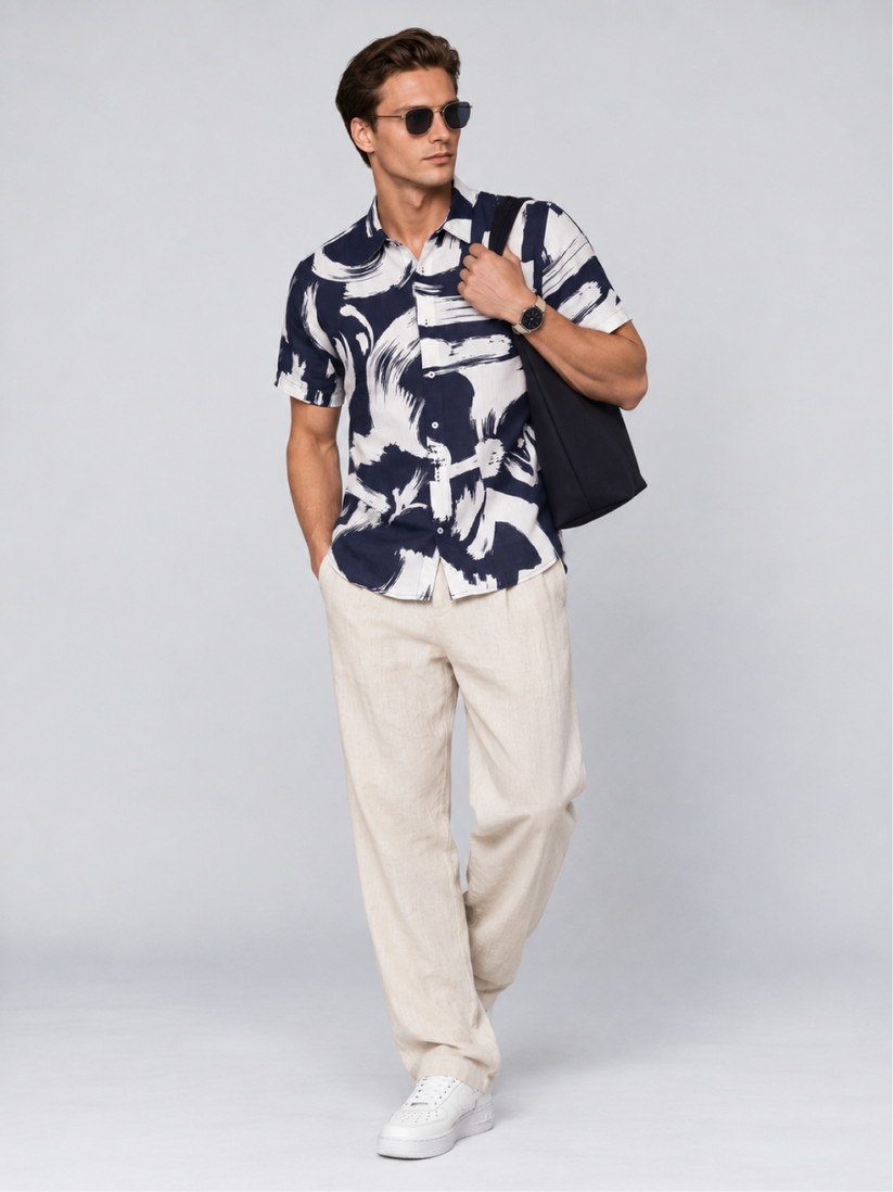 Linen Rich Navy Brushstroke Shirt