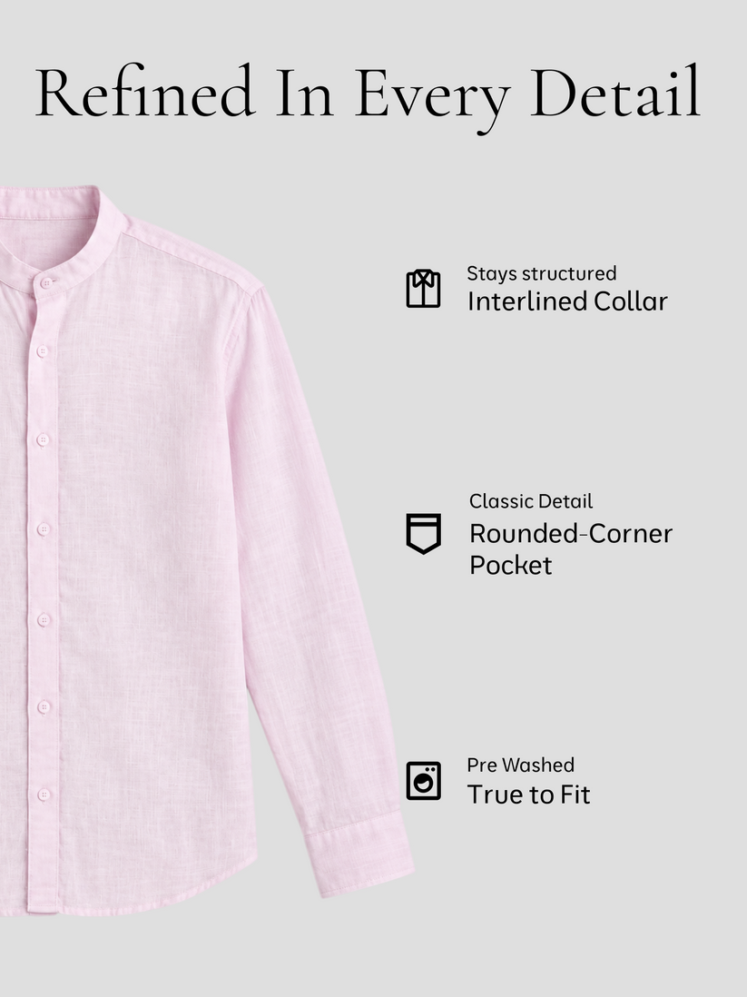 Pink Pure Linen Mandarin Collar Shirt