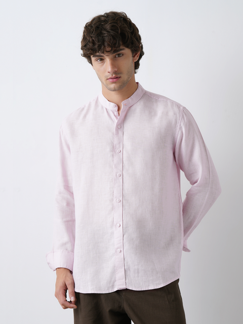 Pink Pure Linen Mandarin Collar Shirt