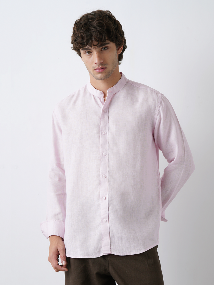 Pink Pure Linen Mandarin Collar Shirt