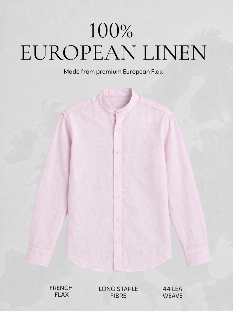 Pink Pure Linen Mandarin Collar Shirt