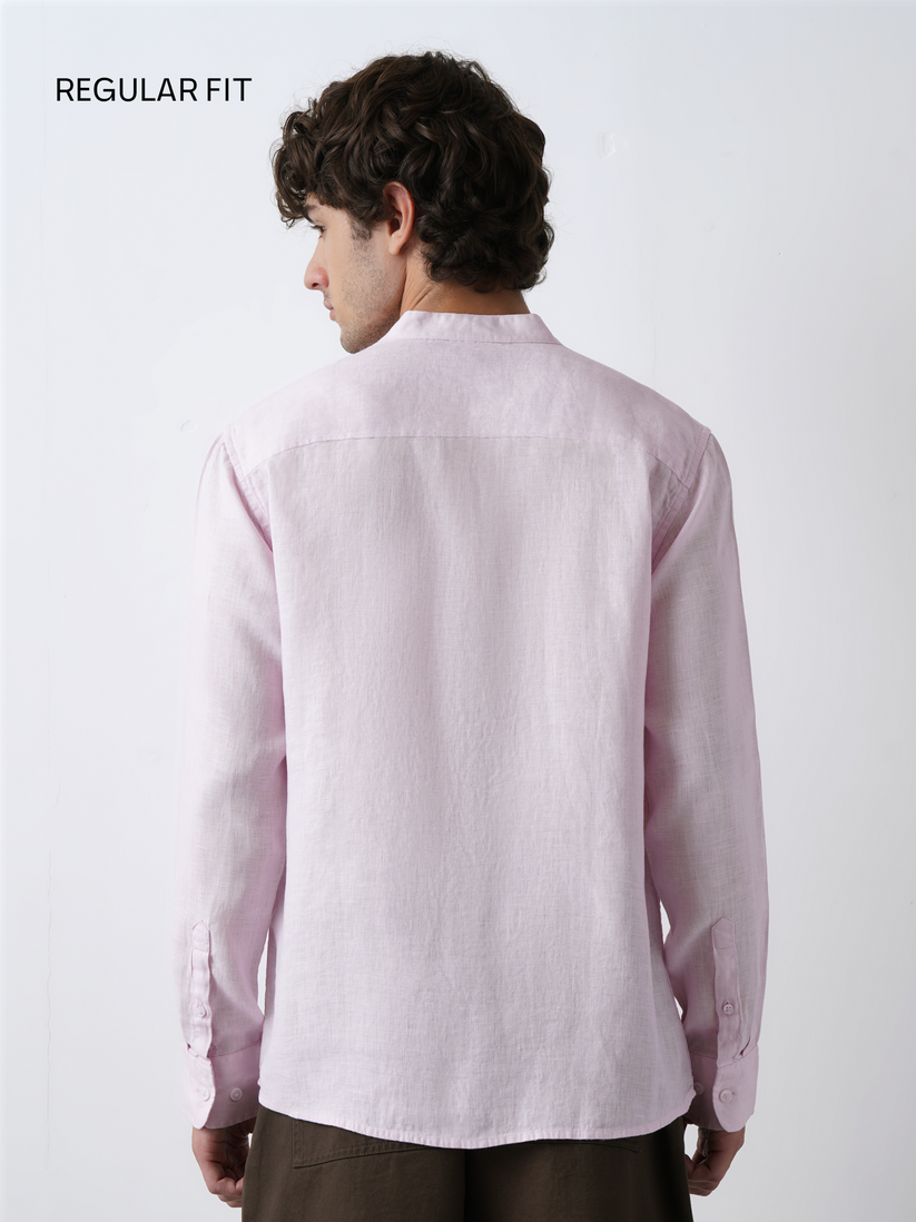 Pink Pure Linen Mandarin Collar Shirt