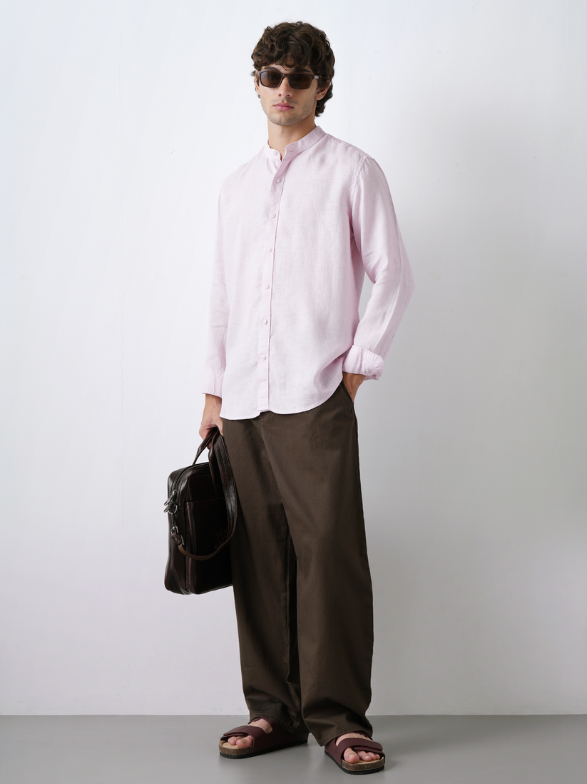 Pink Pure Linen Mandarin Collar Shirt