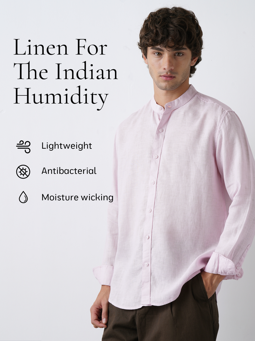 Pink Pure Linen Mandarin Collar Shirt