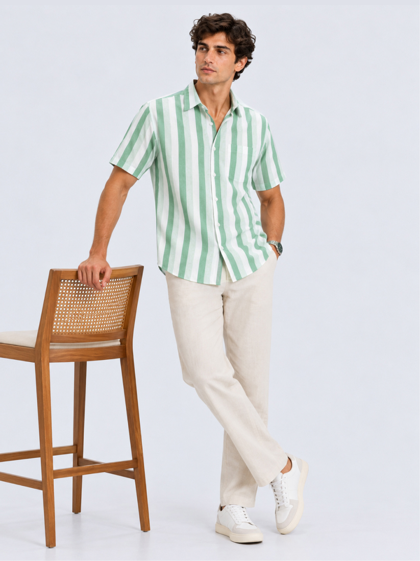 Linen Rich Green Shadow Stripe Shirt