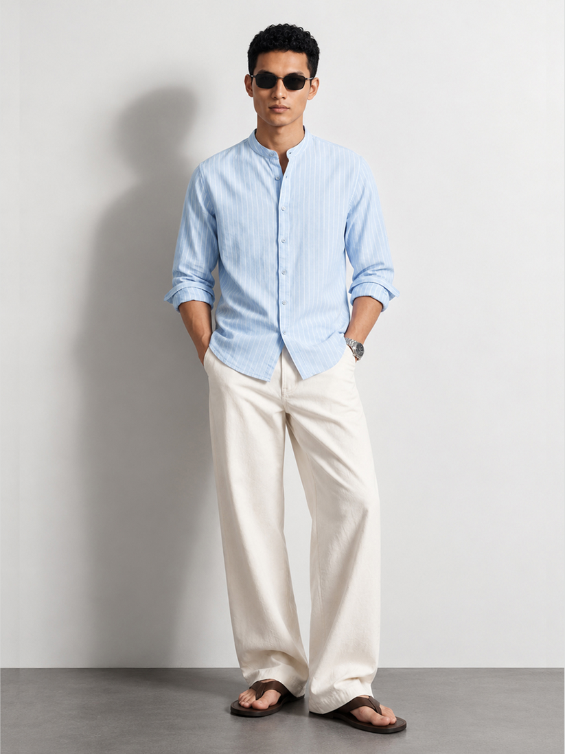 Linen Rich Blue Stripe Mandarin Collar Shirt