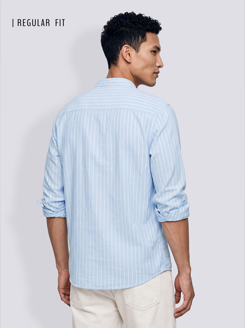 Linen Rich Blue Stripe Mandarin Collar Shirt
