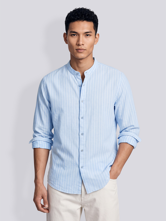 Linen Rich Blue Stripe Mandarin Collar Shirt
