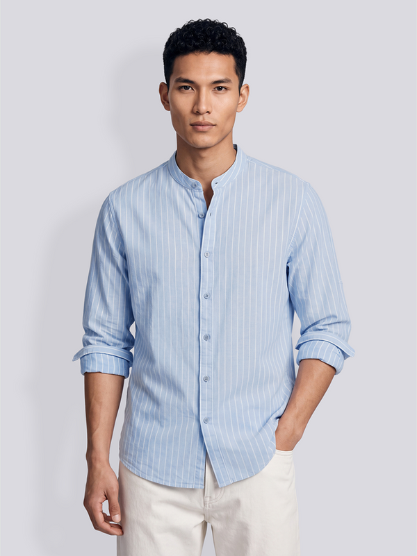 Linen Rich Blue Stripe Mandarin Collar Shirt