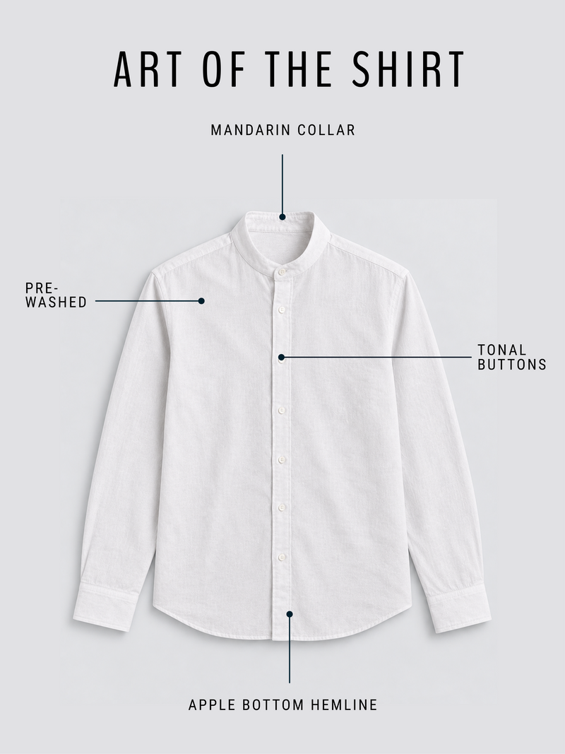 Linen Rich White Mandarin Collar Shirt