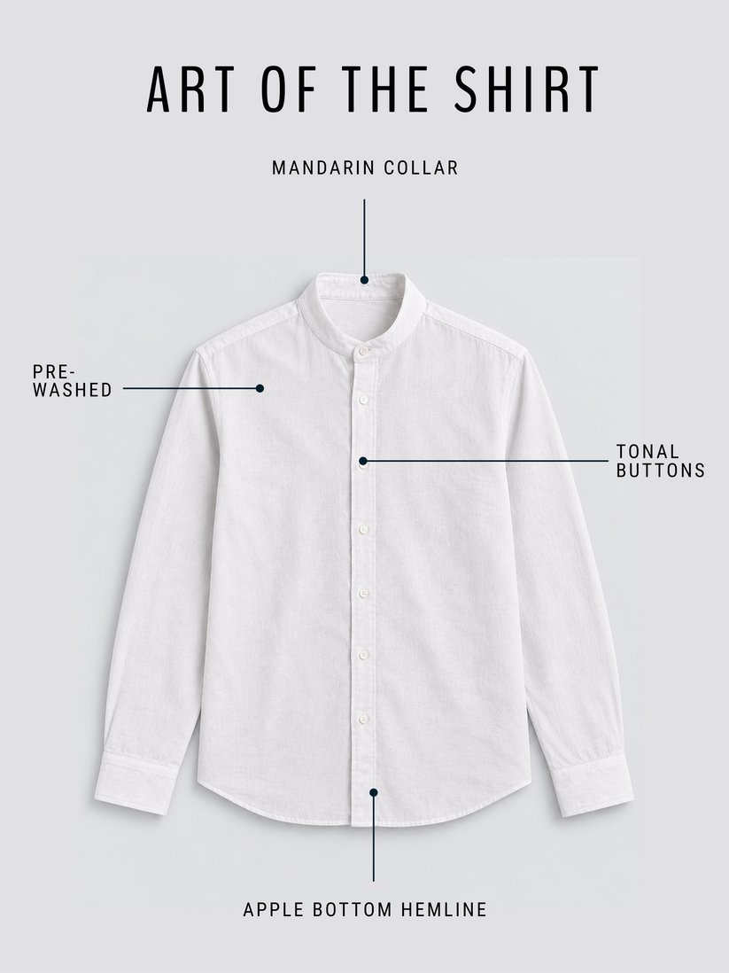 Linen Rich White Mandarin Collar Shirt