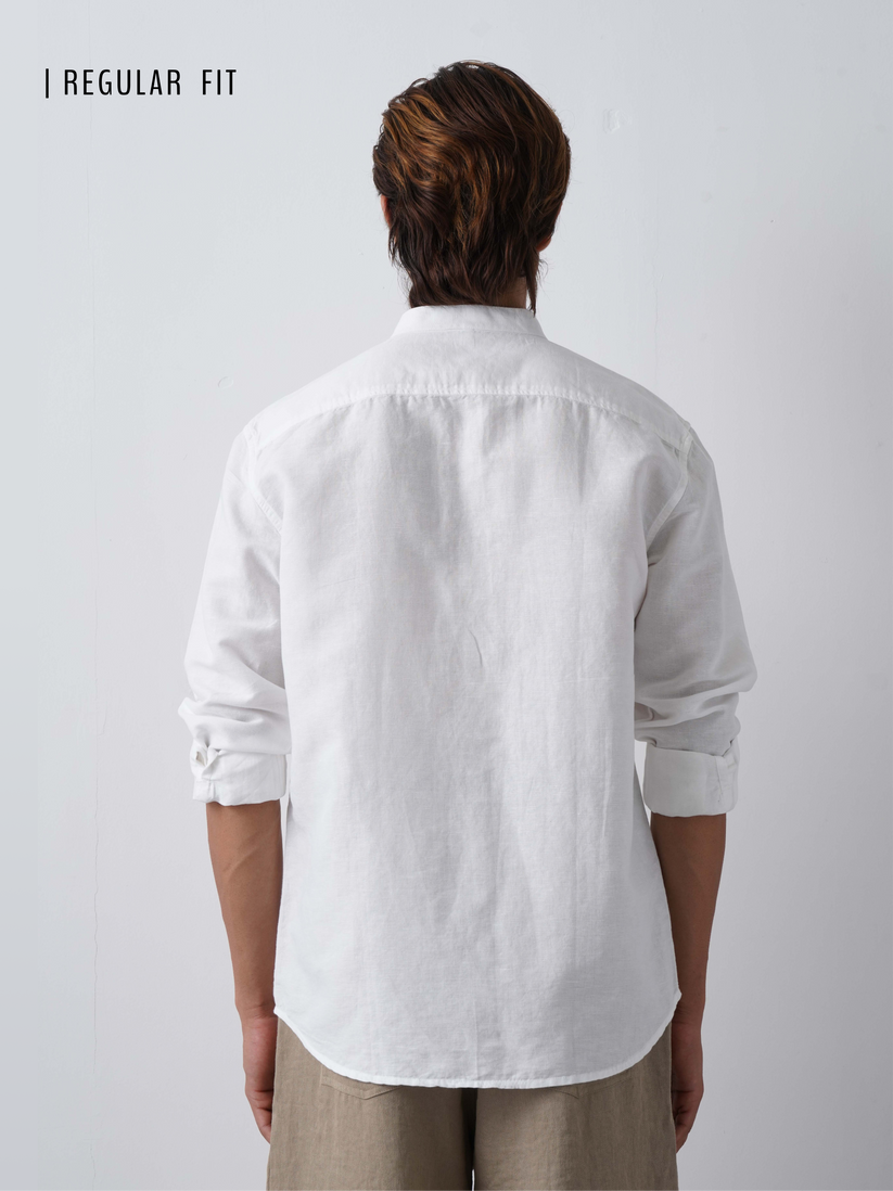Linen Rich White Mandarin Collar Shirt