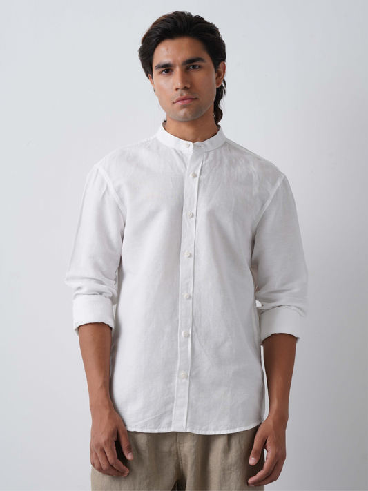 Linen Rich White Mandarin Collar Shirt